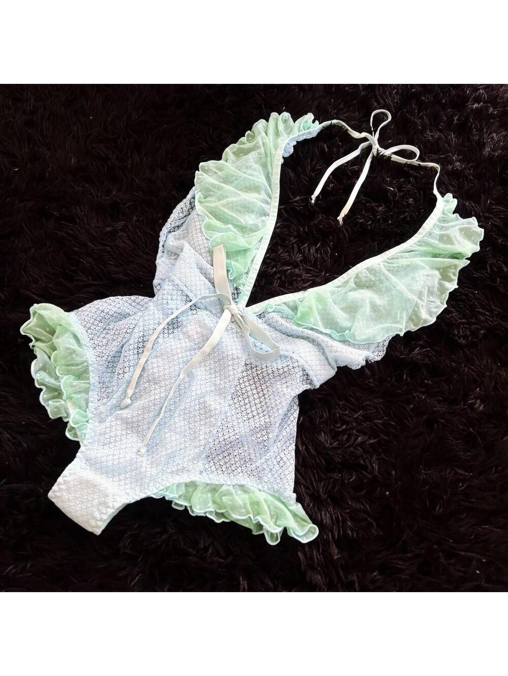 New with Tags Mint Blue Lace Ruffle Bodysuit Pastel Coquette Hot As Hell Small